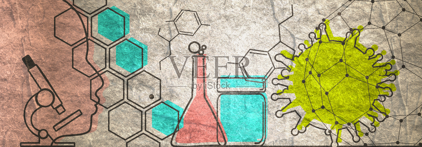 医疗行业，生物技术和生物化学细线风格旗帜与人体头部轮廓插画图片素材