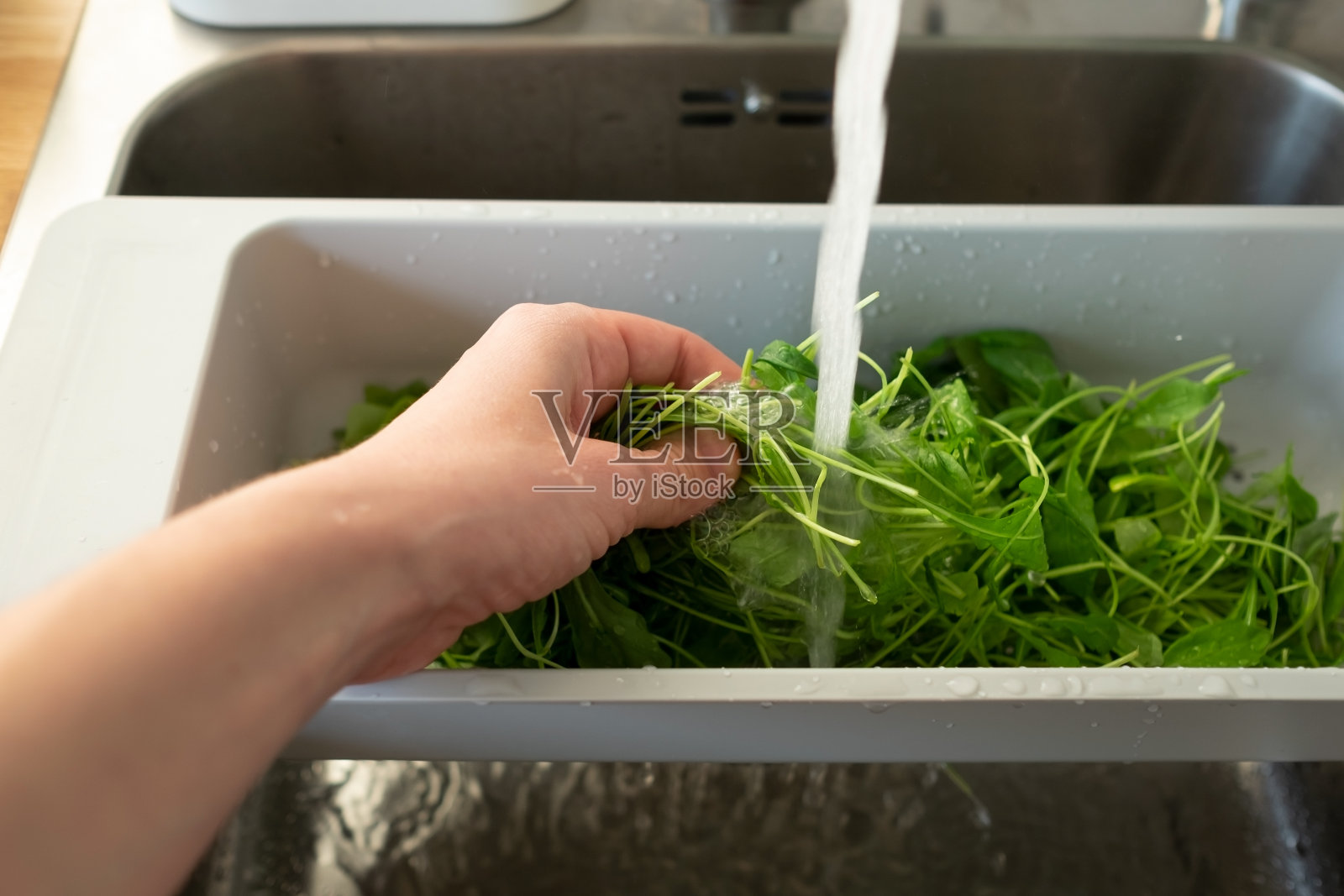 滤锅里的蔬菜沙拉。洗树叶做早餐。照片摄影图片