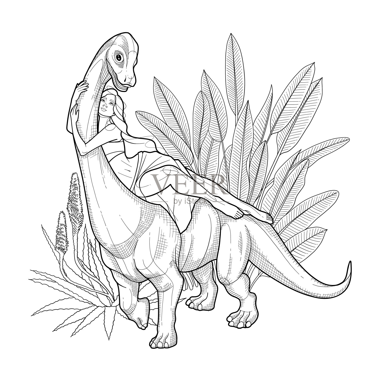 优雅的女孩躺在腕龙和奇异的植物上插画图片素材