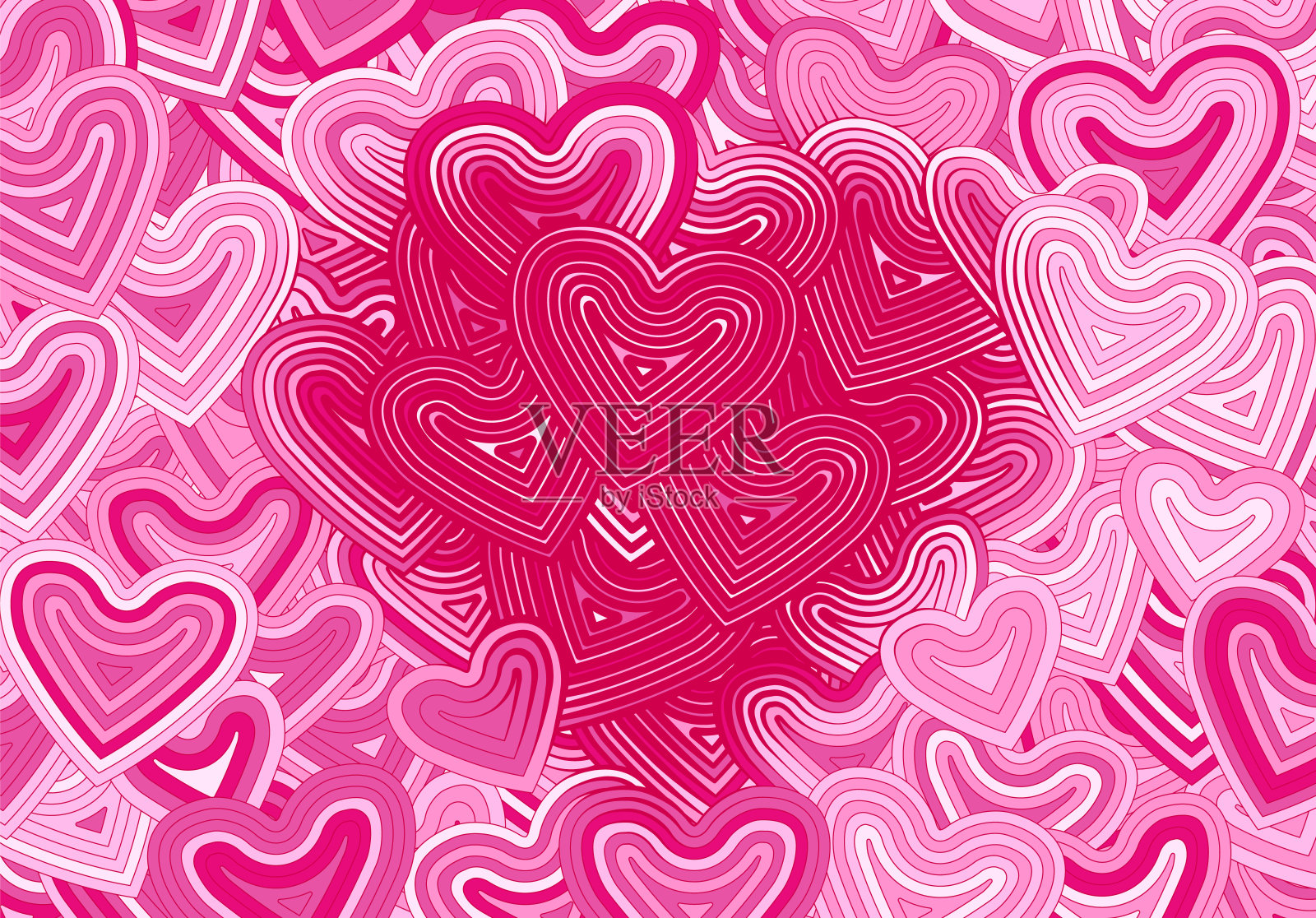 情人节贺卡模板或背景与心和线装饰。复古时尚嬉皮迷幻设计。插画图片素材