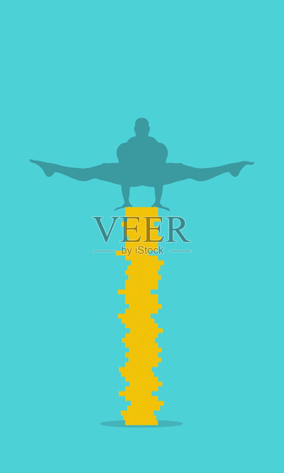 在硬币塔上保持平衡的肌肉男插画图片素材