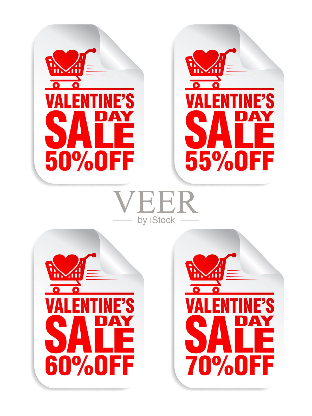 情人节销售白色贴纸与红色文本集，购物车与心的图标。50%， 55%， 60%， 70%的折扣设计元素图片