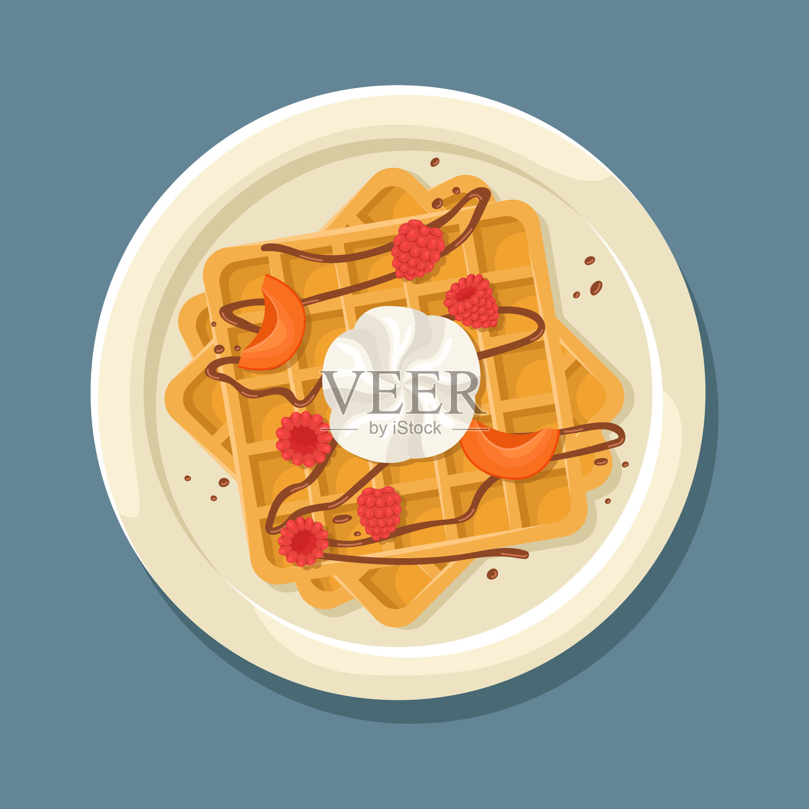 一个比利时华夫饼的矢量插图与一个球的冰淇淋，杏，树莓和巧克力酱。插画图片素材