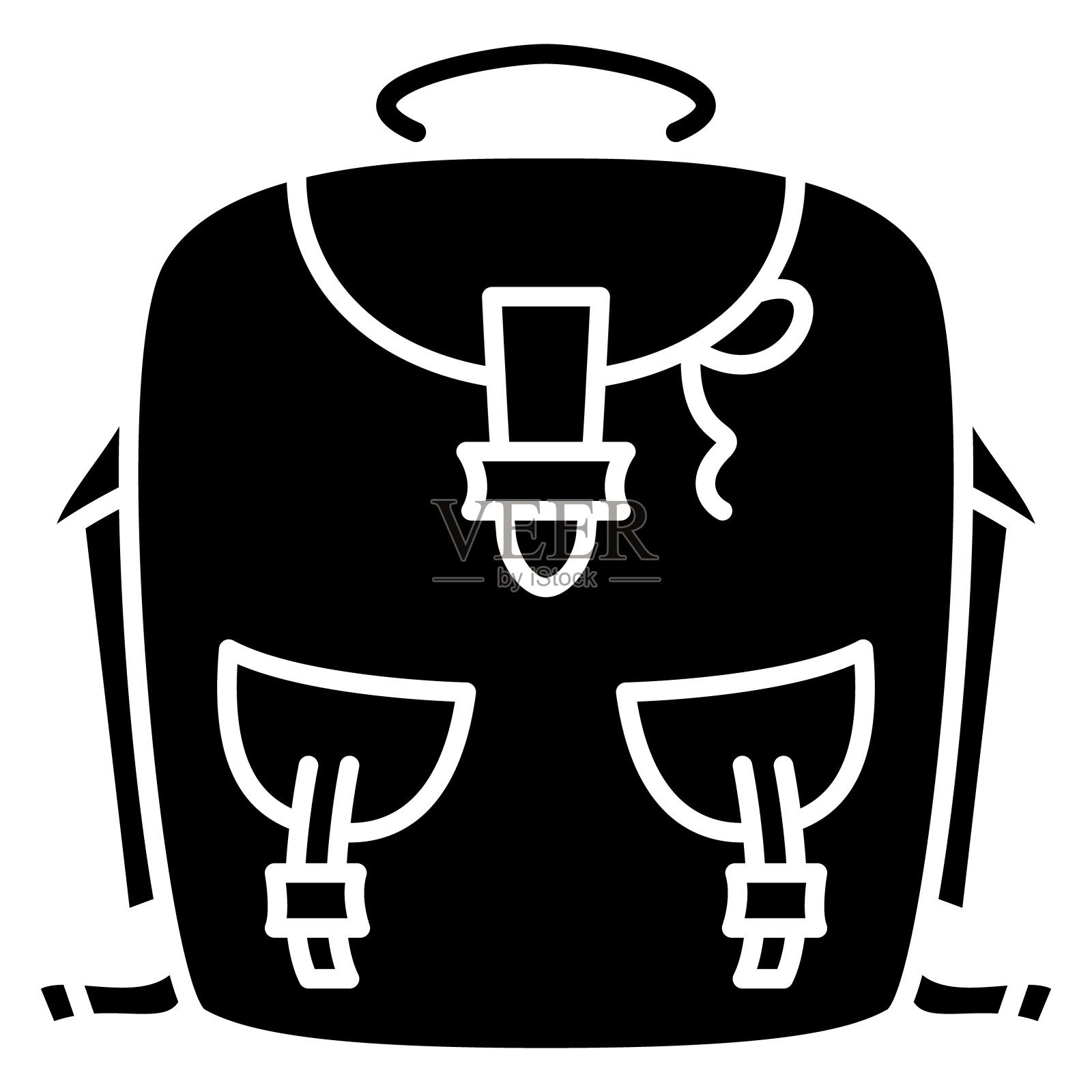 背包,登山包。经典的外形，带扣的隔间。旅行家，旅行家，运动员的背包。矢量图标，字形，剪影，孤立插画图片素材