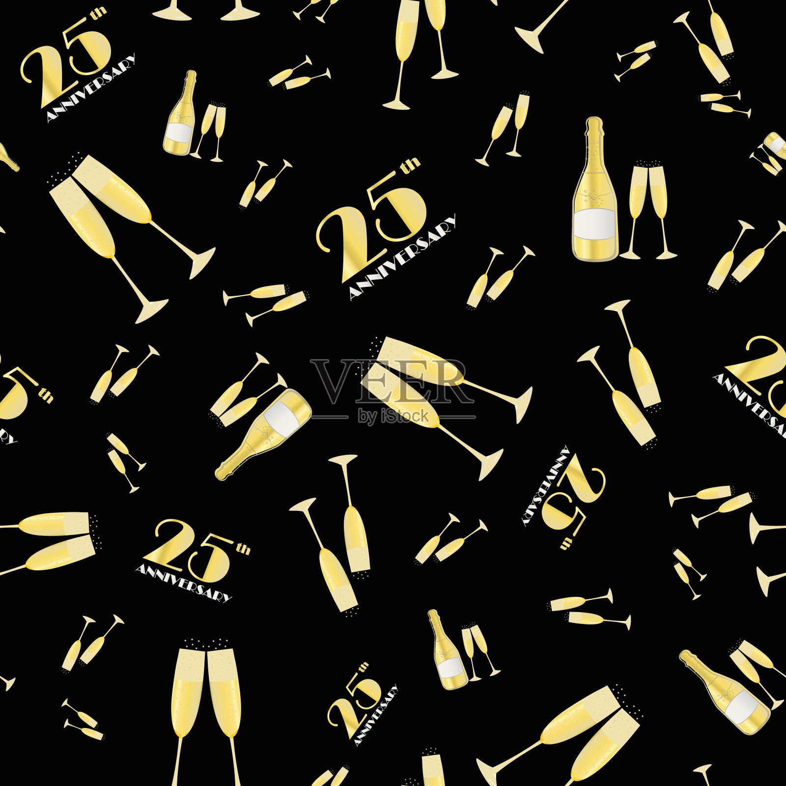 25周年庆典矢量无缝图案与手绘香槟酒瓶和玻璃杯。黑色和金色的背景。碳酸饮料和20世纪20年代字体。派对，商务活动也一样插画图片素材