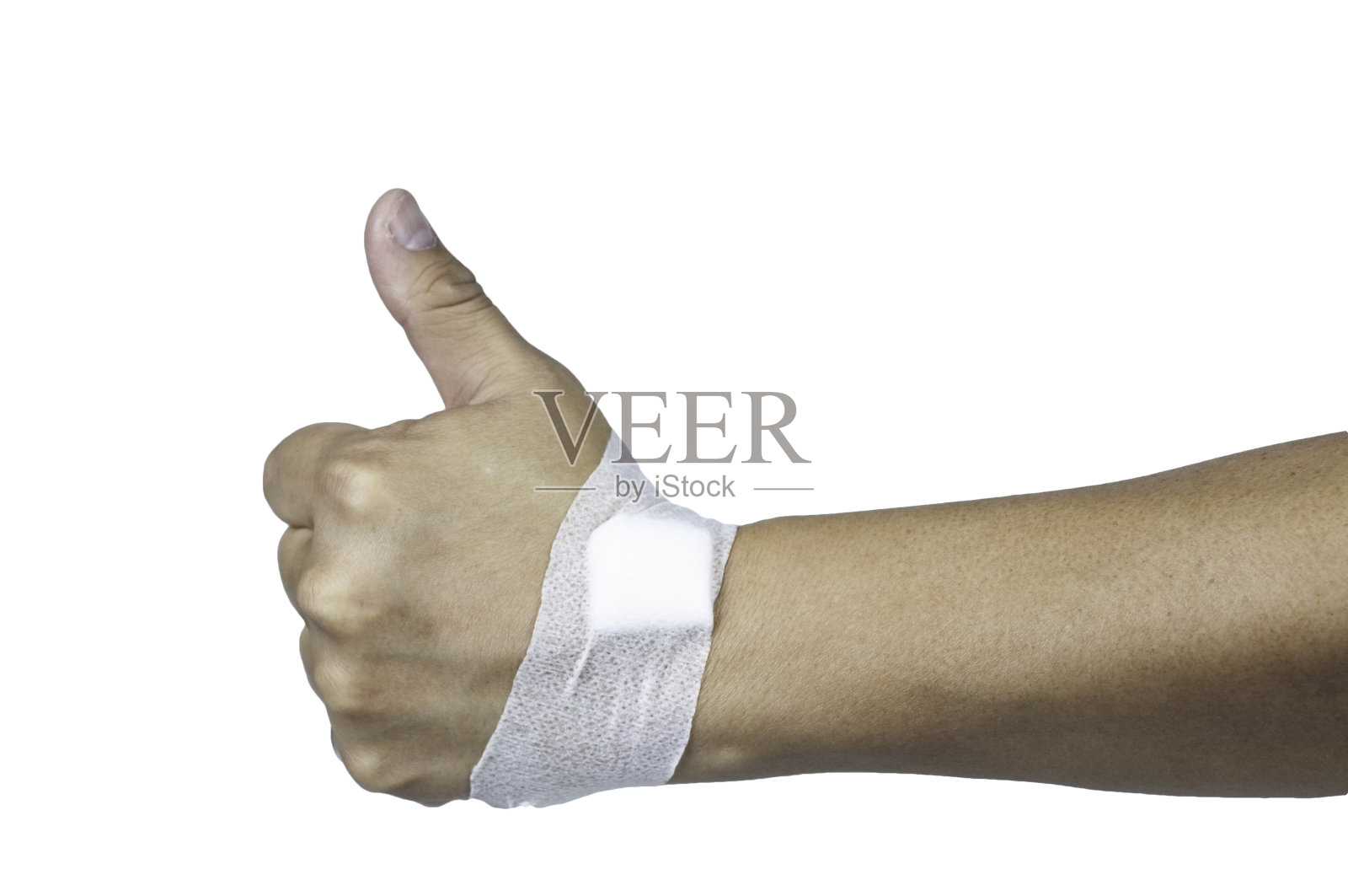 夹伤路径，手腕受伤，有石膏和绷带。手意外动作隔离上白色。照片摄影图片
