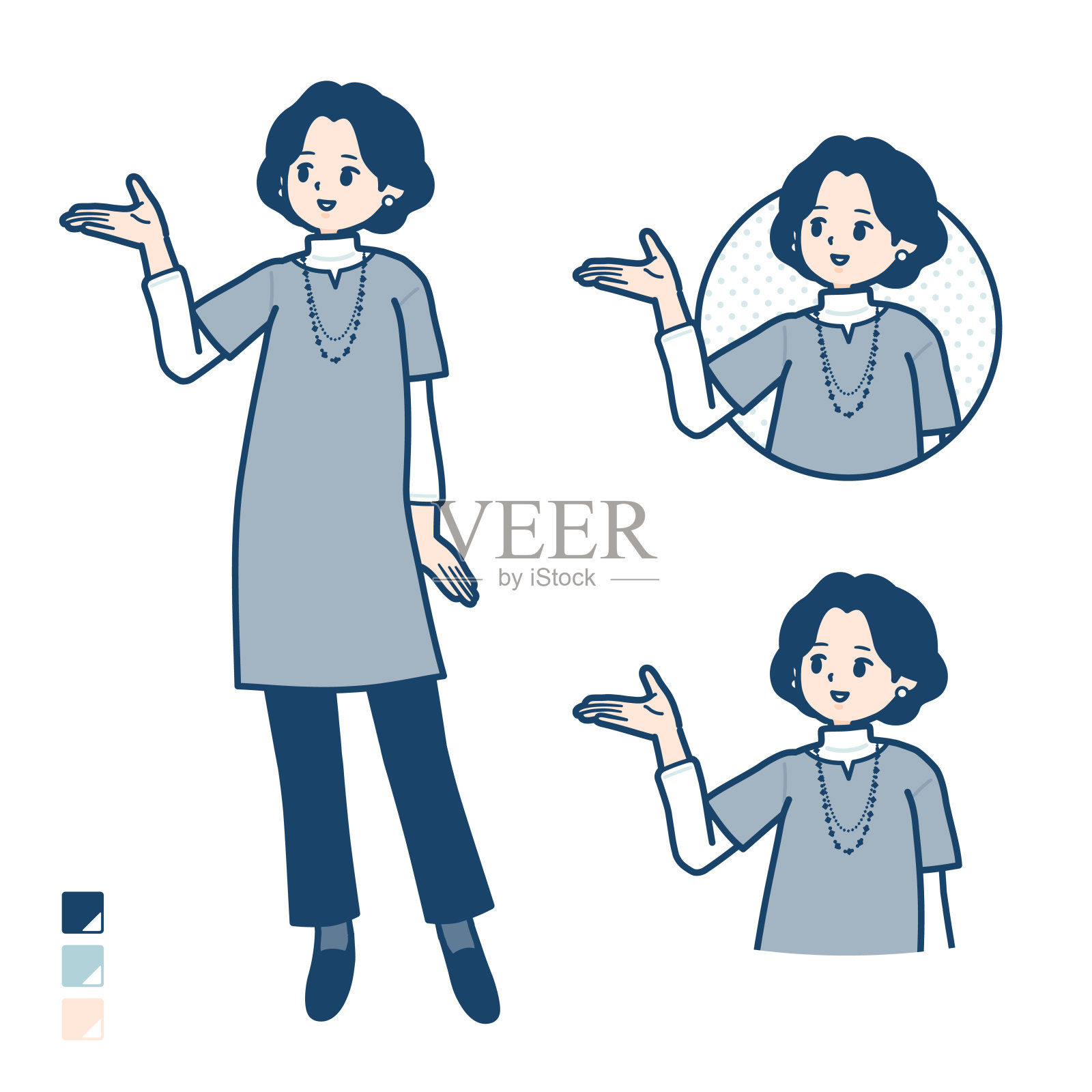 中年妇女穿着带有解释图案的束腰外衣插画图片素材