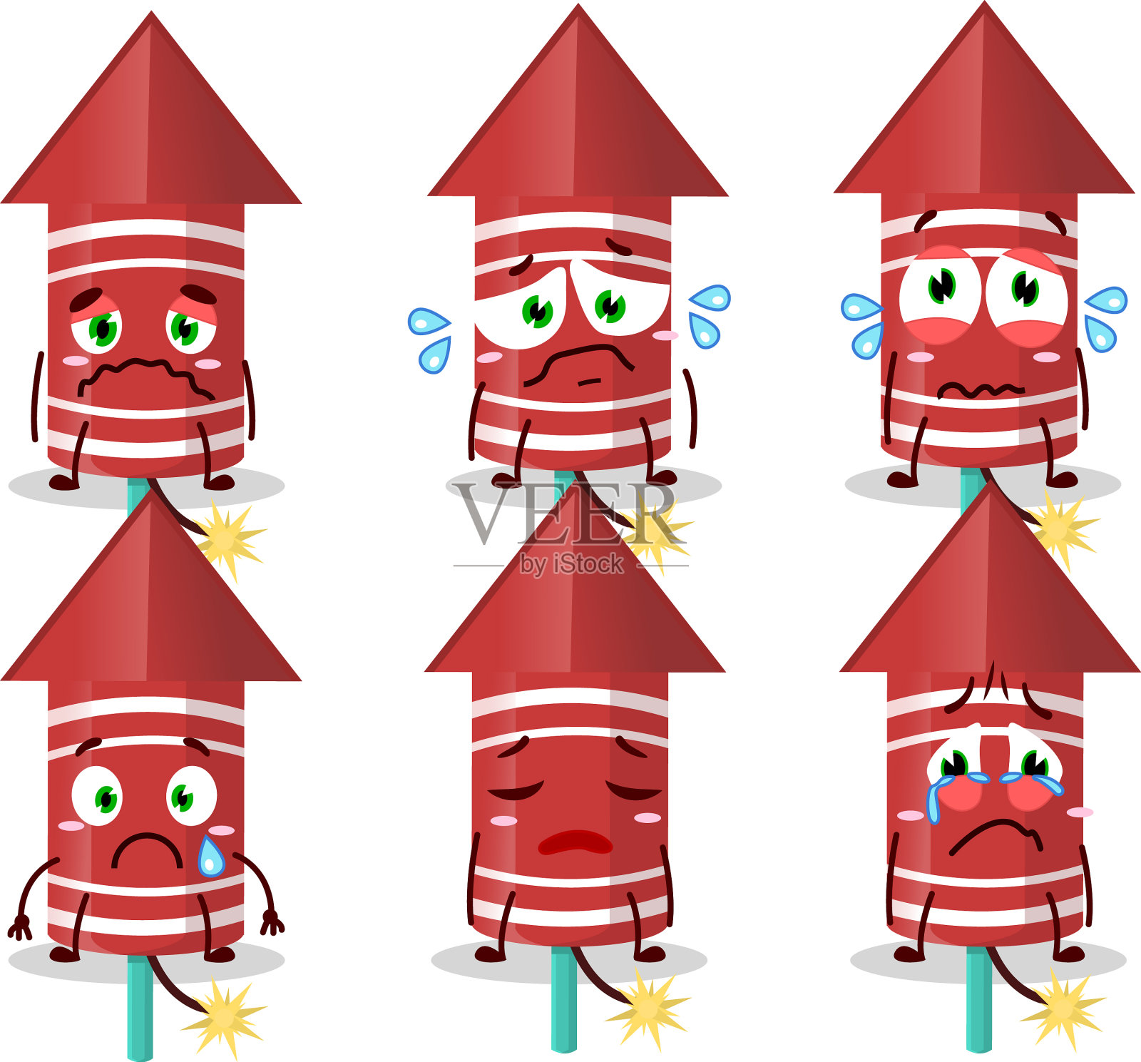 红色火箭烟火卡通人物带着悲伤插画图片素材