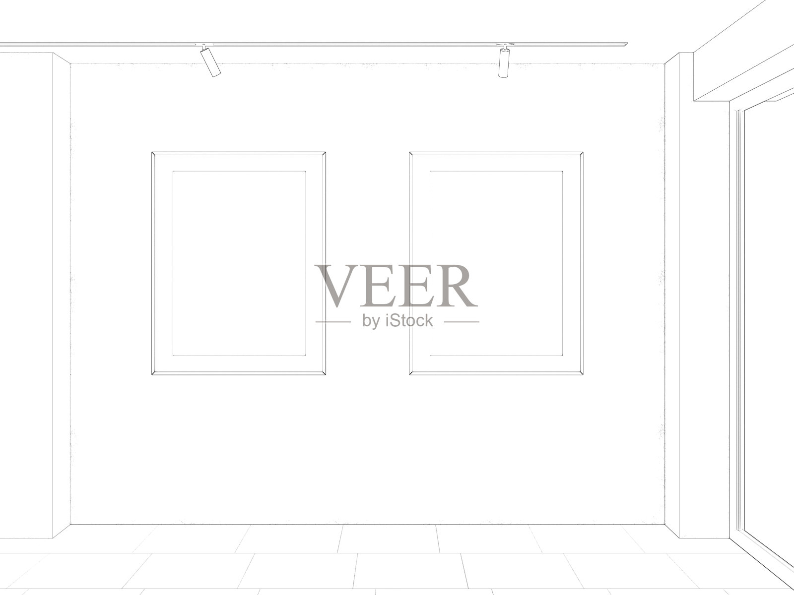 空荡荡的现代房间的草图，墙上贴着两张垂直的海报，天花板上的聚光灯，大窗户，瓷砖地板。前视图。照片摄影图片