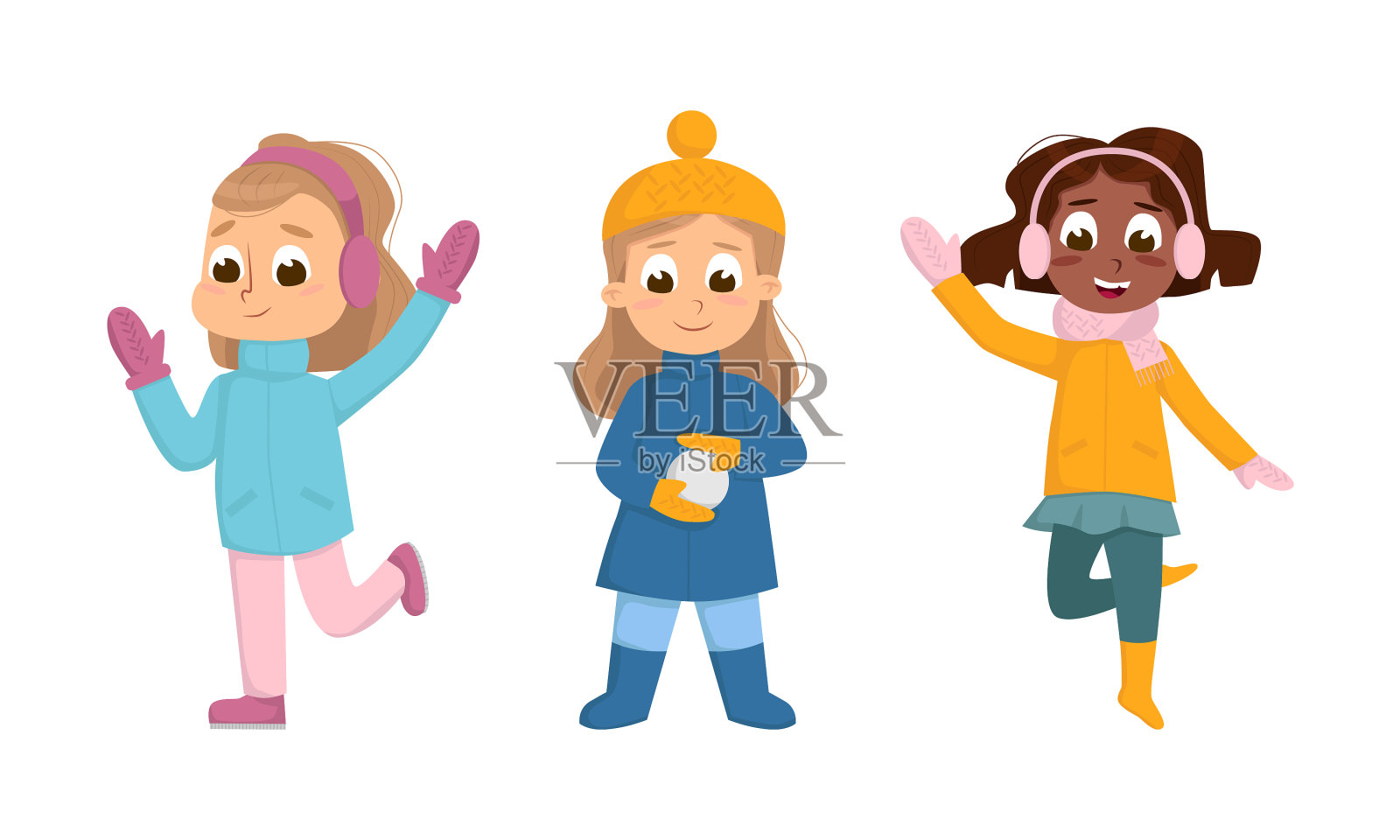 女孩兴高采烈地挥着手，玩着雪球设计元素图片