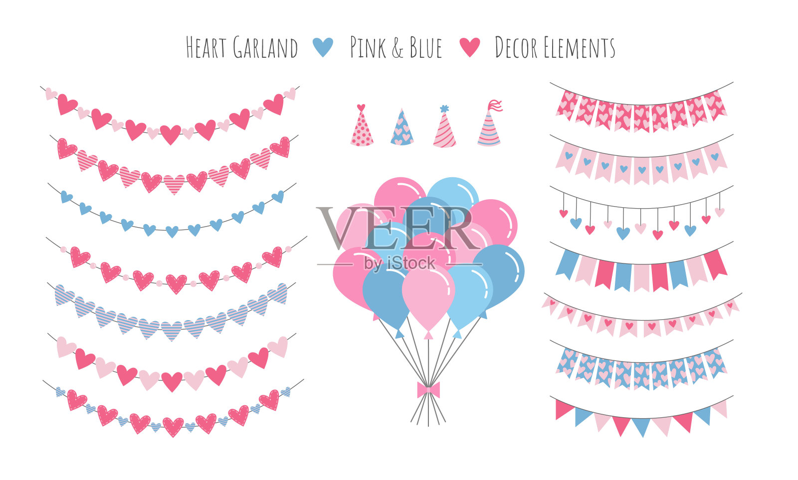 心形花环派对装饰元素。情人节节日彩花、彩旗、挂饰。男孩或女孩的派对用品:粉色和蓝色的气球和派对锥帽。平面风格的卡通矢量插图设计元素图片