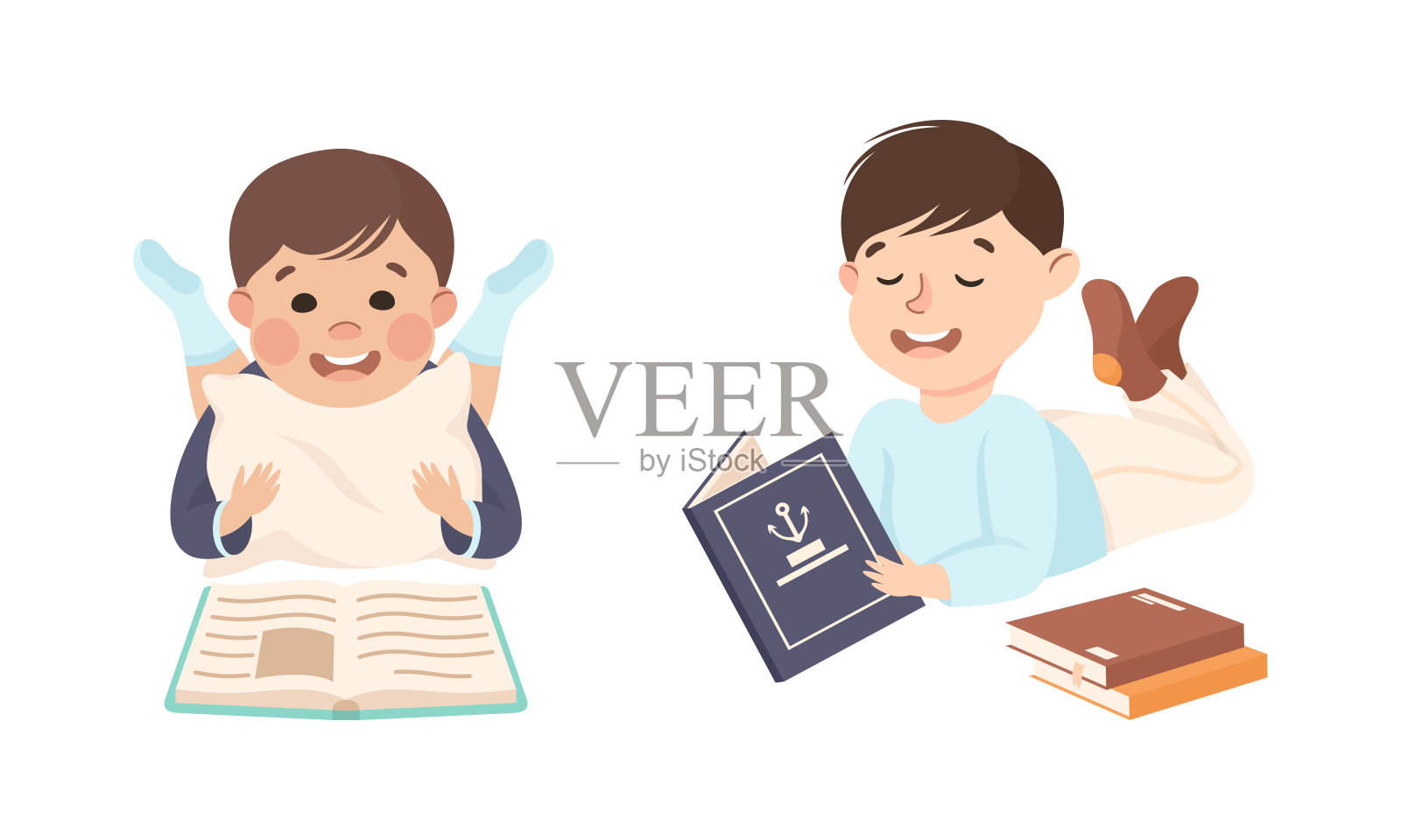 躺着享受阅读向量集的小男孩插画图片素材