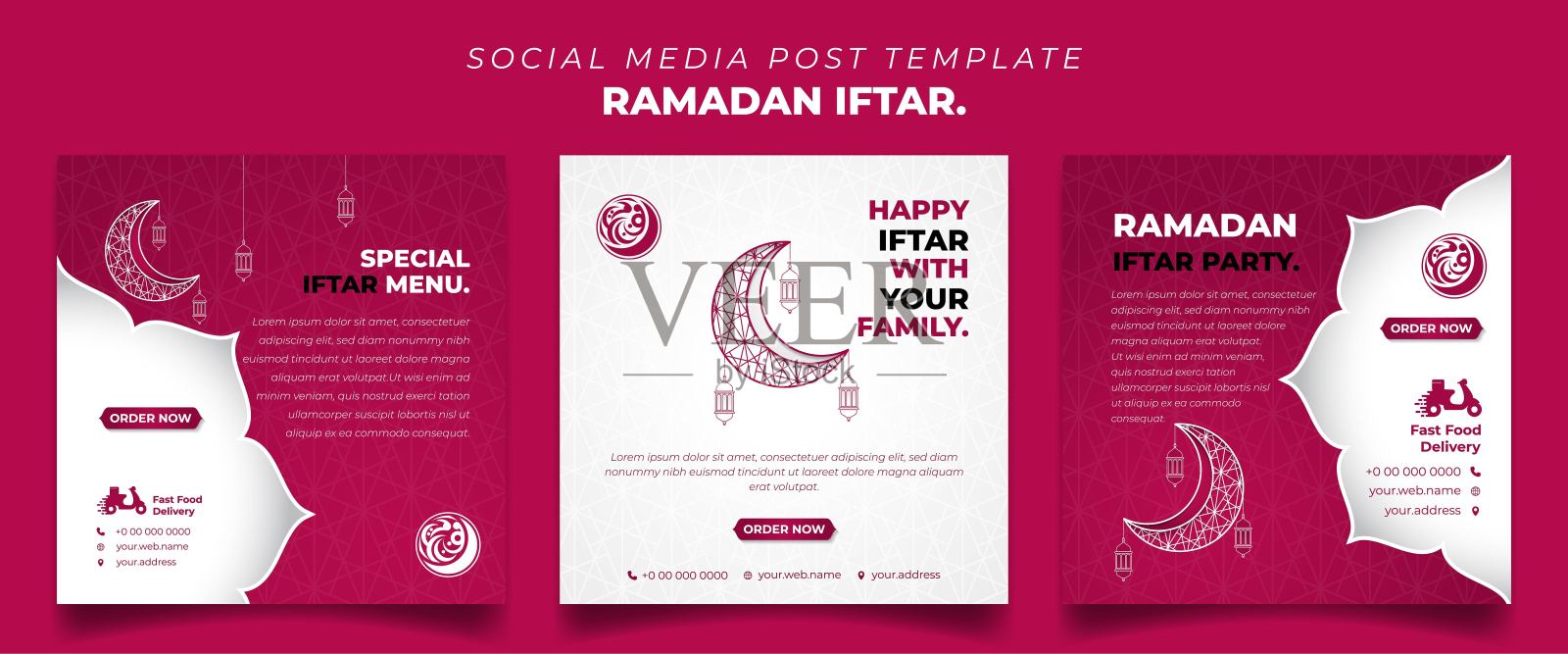 一套Square社交媒体帖子模板，粉红色和白色，带有灯笼和月亮的设计。Iftar的意思是早餐，阿拉伯语的意思是斋月。设计模板素材