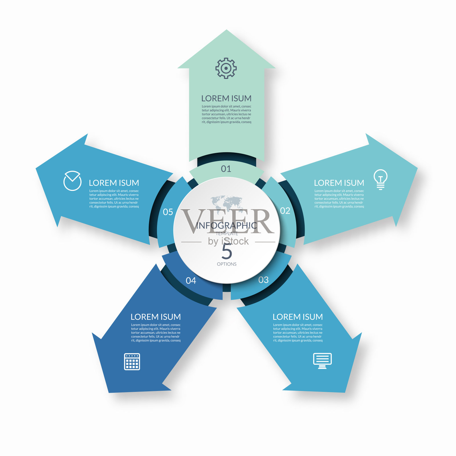 信息图的圆圈，从中心指向5个箭头。商业信息图的5步矢量模板。设计模板素材