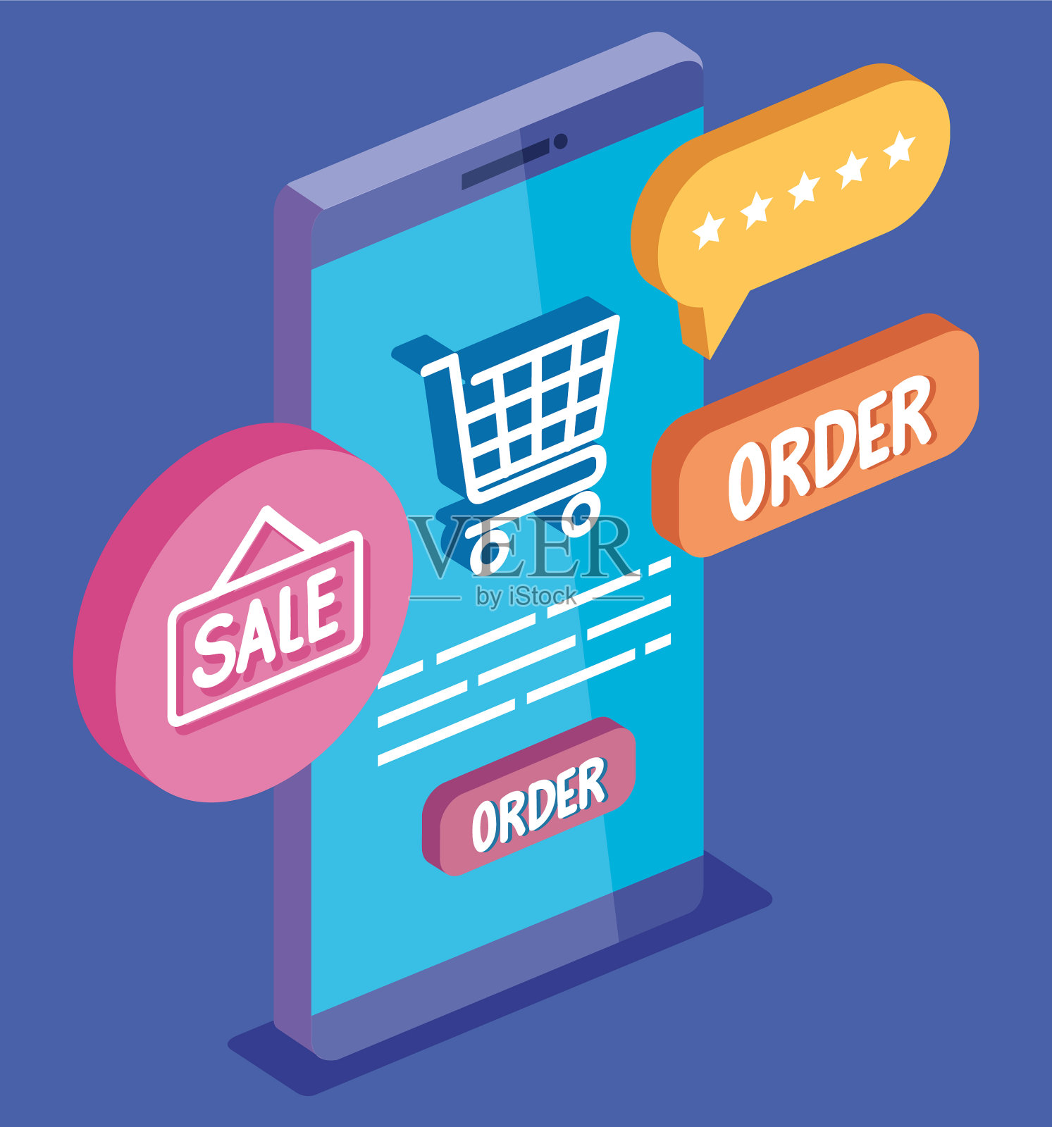 带购物车的智能手机插画图片素材