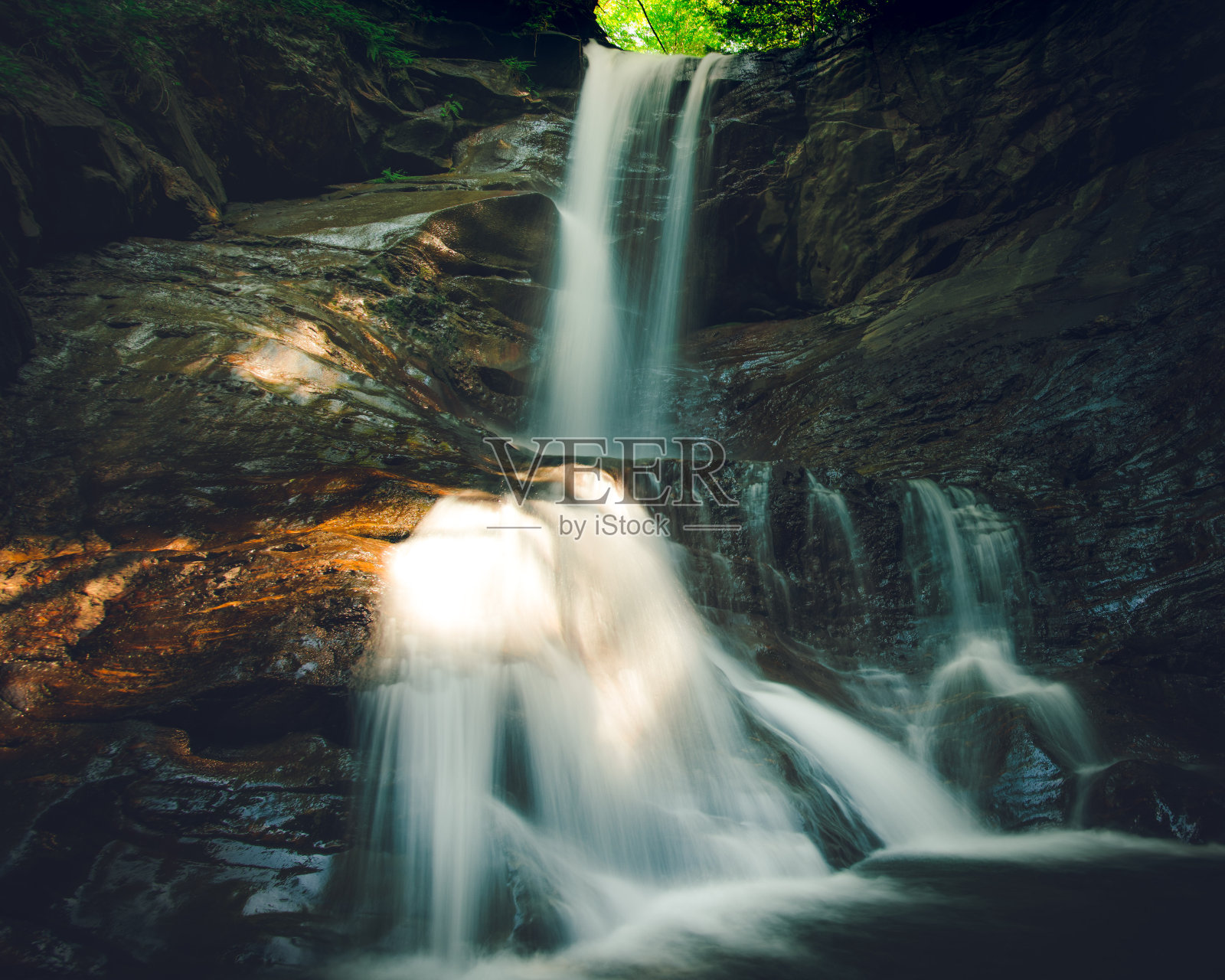 森林里阳光灿烂的瀑布照片摄影图片