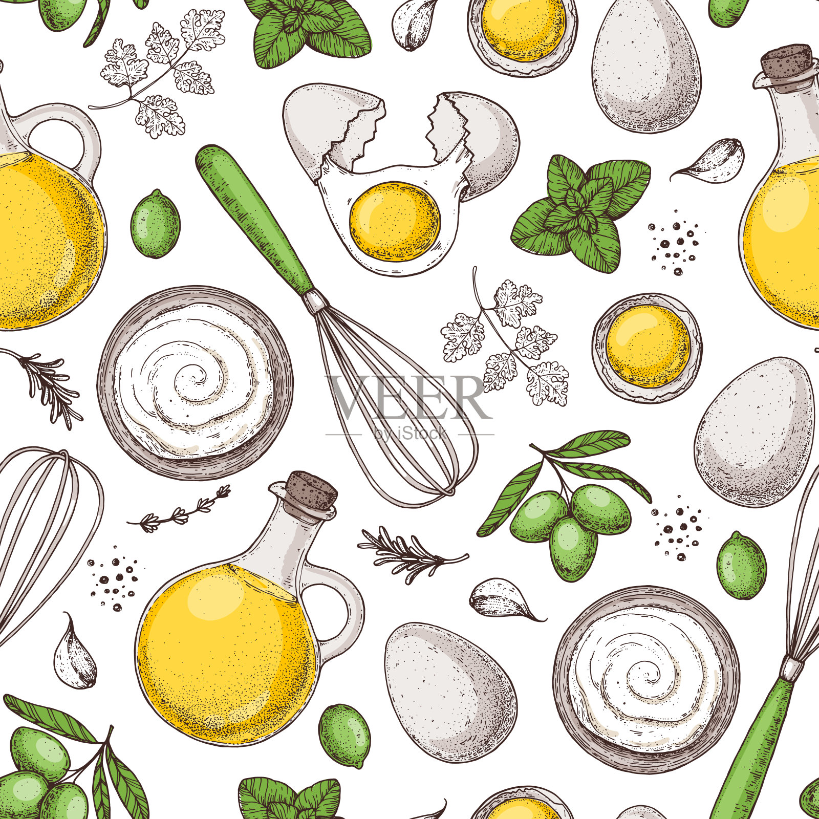 烹饪酱料无缝图案。手绘背景。设计模板。菜单背景。烹饪食物的模式。插画图片素材