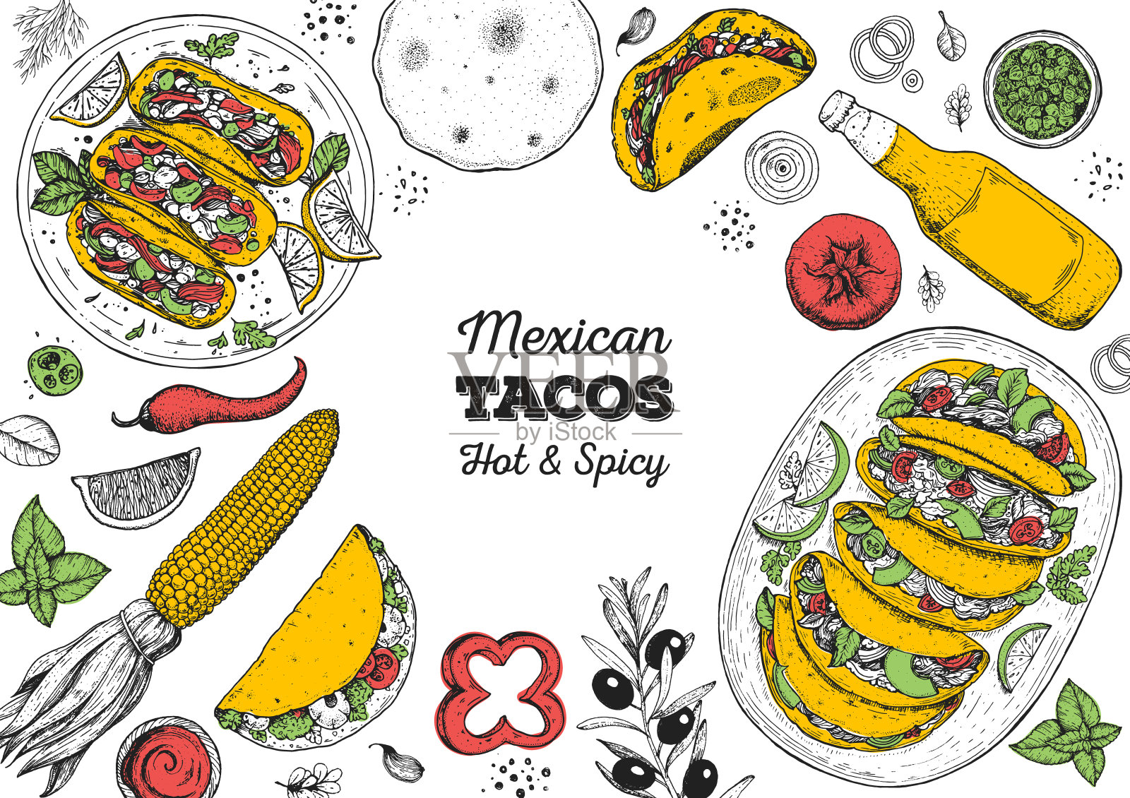 玉米饼的烹饪和原料，速写插图。墨西哥菜。快餐菜单设计元素。墨西哥卷饼手绘框架。墨西哥食物插画图片素材