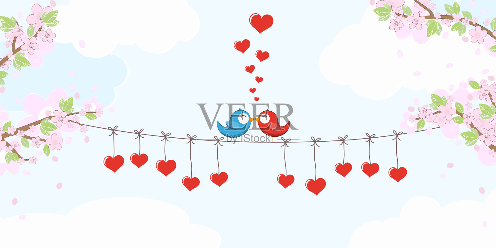 恋爱的小鸟在花枝上插画图片素材