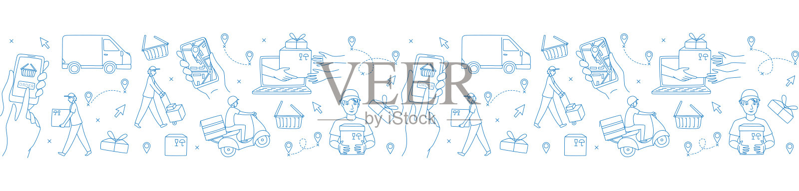 手机app快递员配送网店订单无缝模式。插画图片素材