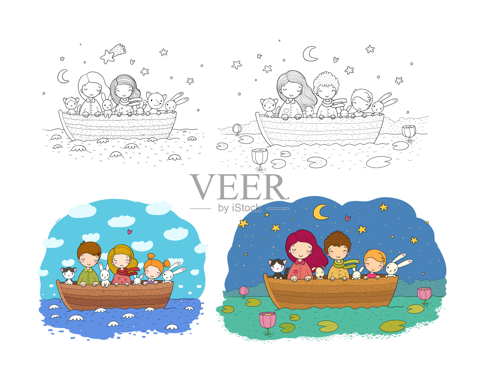 可爱的卡通姐妹与兔子、猫和狐狸在船上游泳。小女孩和有趣的动物。插画图片素材