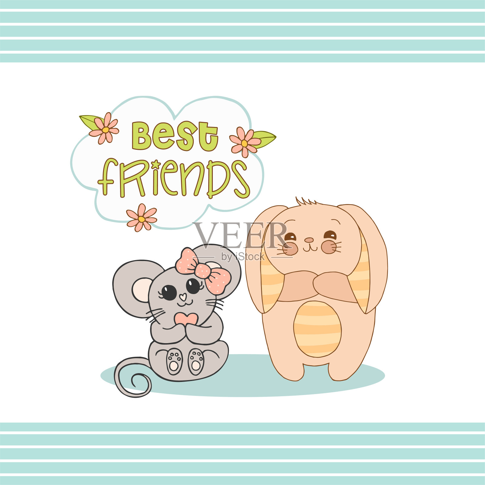 手绘可爱的动物与字母。兔子有条纹的耳朵和腹部，老鼠有粉红色的弓和心，花和叶子。最好的朋友。白色背景。向量。插画图片素材