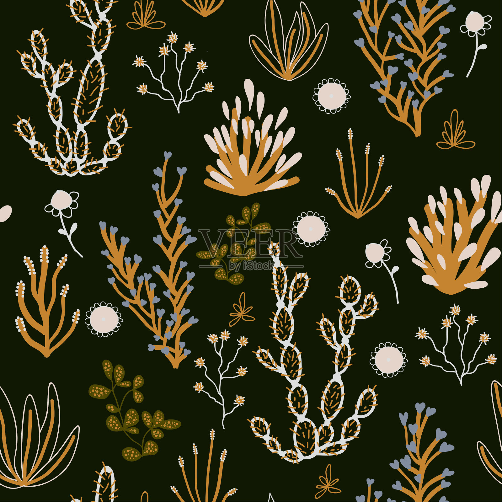 在黑暗的背景上与植物的图案插画图片素材