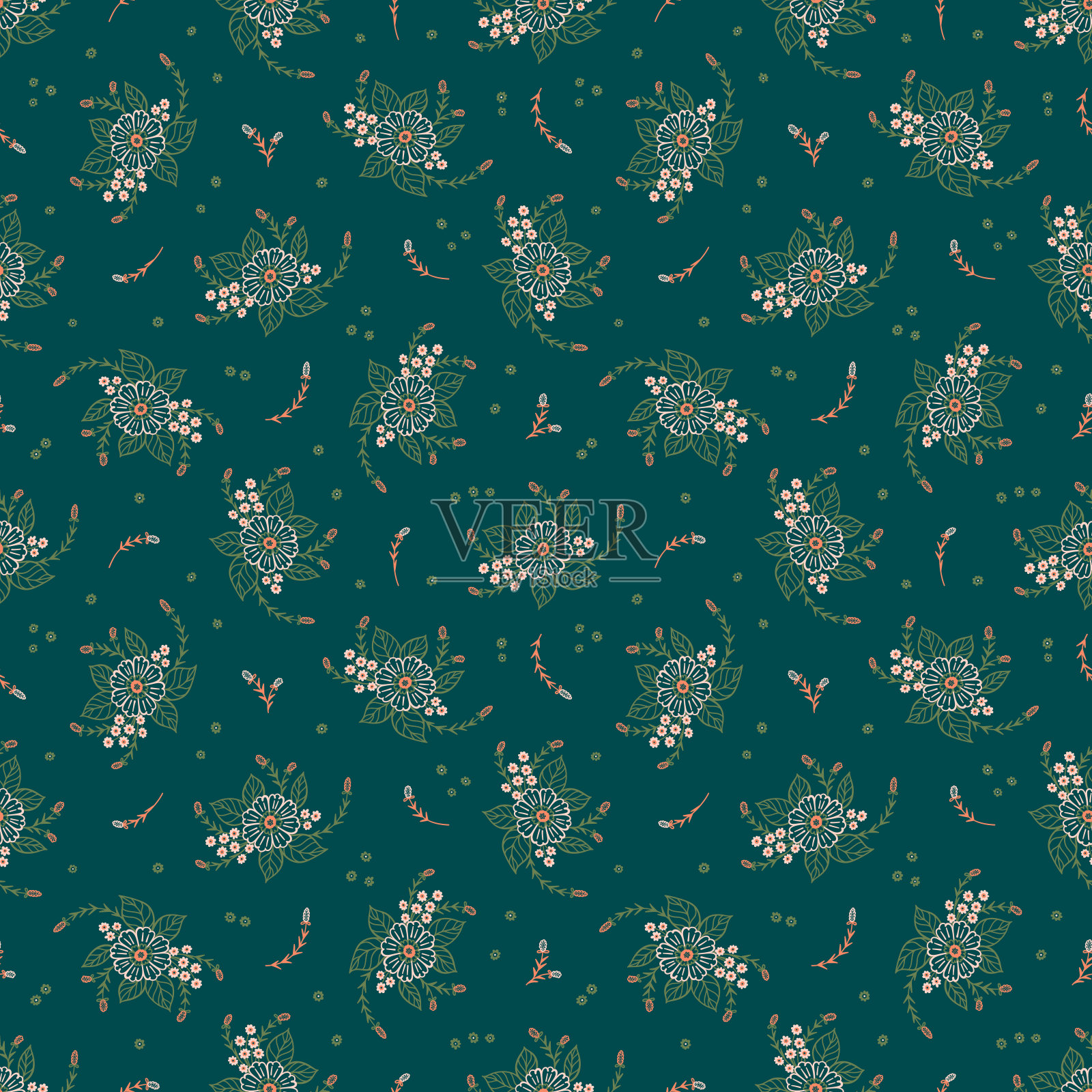 粗心大意的打印。轮廓花束无缝模式。深绿色矢量花卉设计。工厂背景插画图片素材