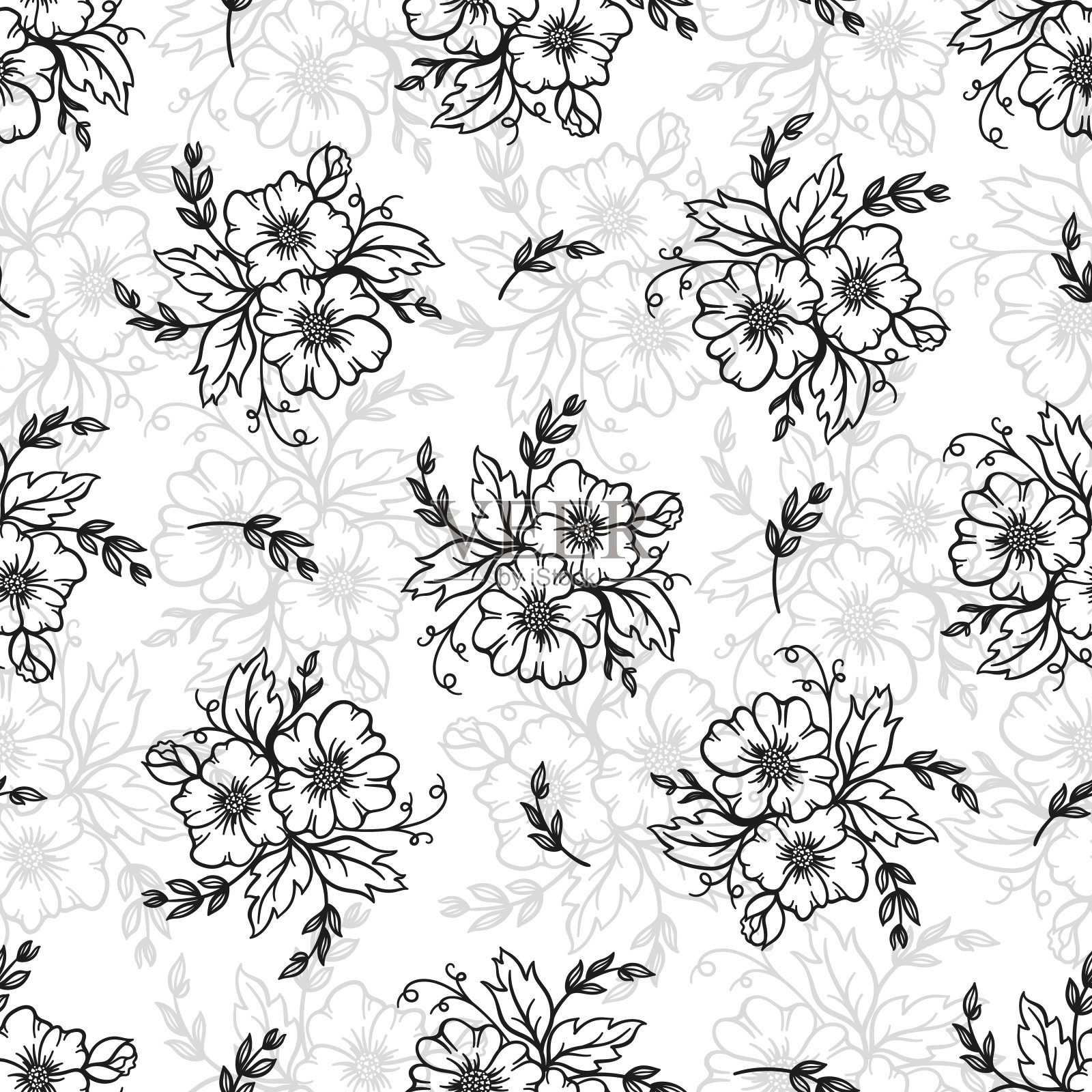 花束无缝模式。花的单色背景。矢量图插画图片素材