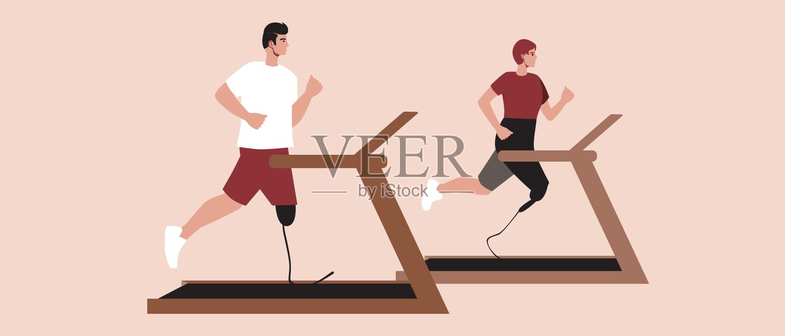 包容性夫妇在跑步机上跑步与假肢，平面矢量股票插图与跑步者的女人和男人孤立，体育和活动的残疾人作为一个包容性的概念插画图片素材