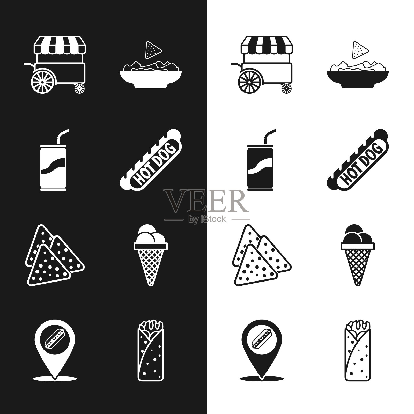 设置热狗三明治，汽水罐与饮用吸管，街头快餐车，玉米片盘子，冰淇淋华夫筒，玉米煎饼和位置热狗图标。向量插画图片素材