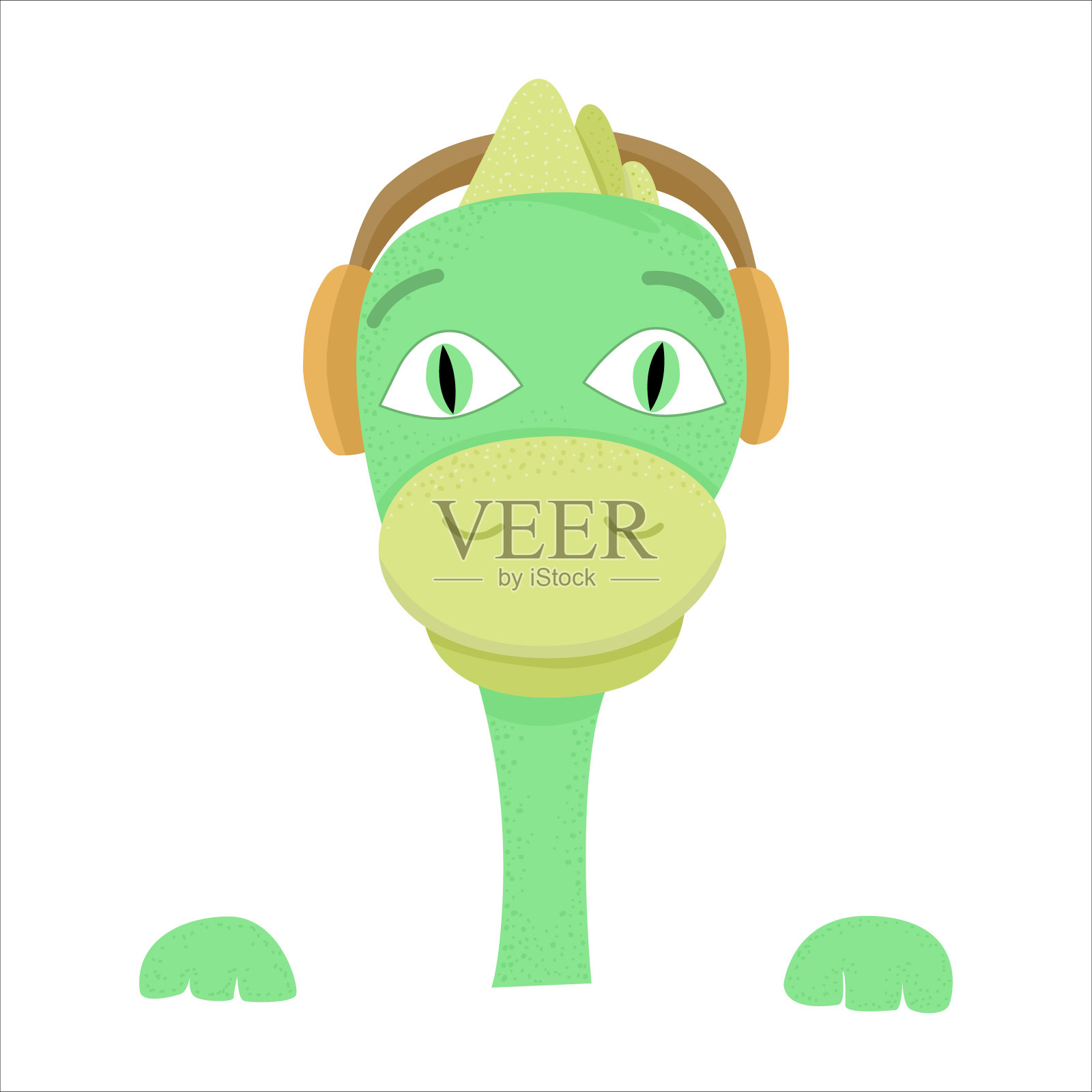 恐龙听音乐与耳机矢量插图。恐龙的头和爪子。t恤打印插画图片素材