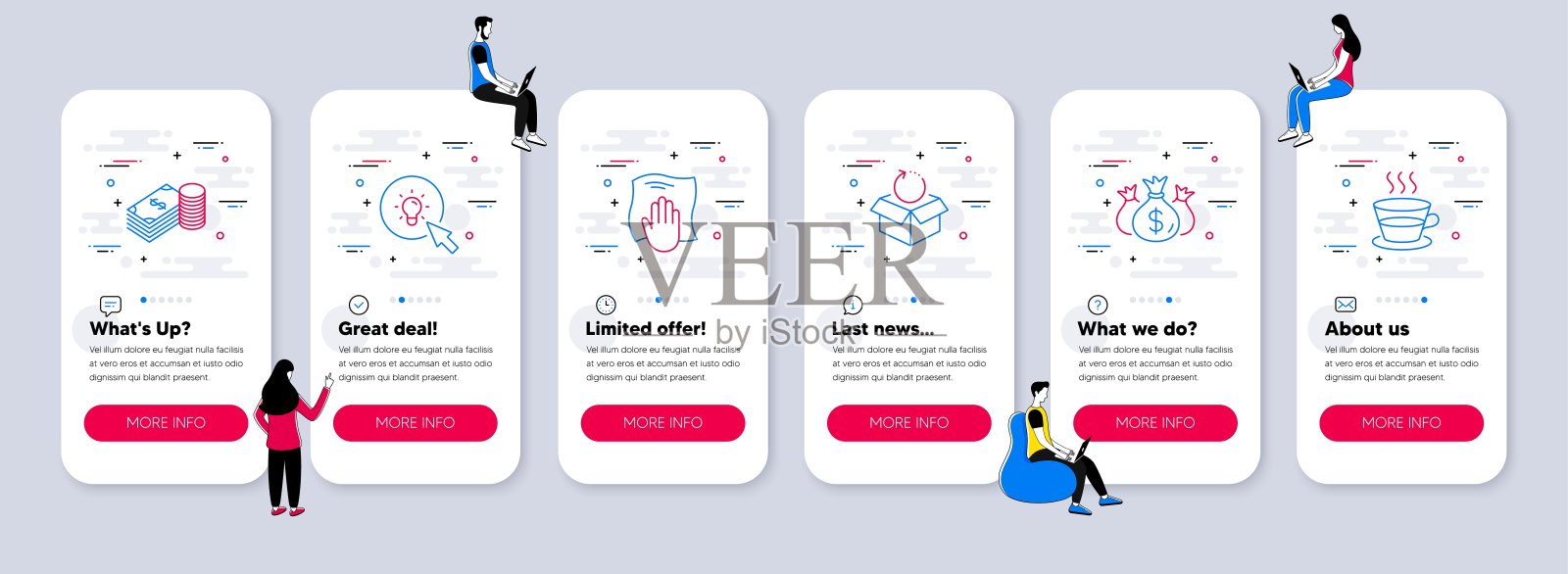 向量集的线图标相关的检查投资，洗涤布和返回包。向量插画图片素材