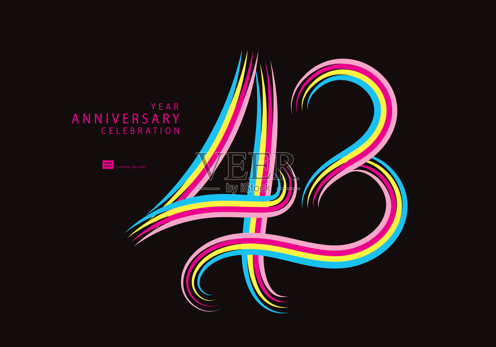 43周年庆标志彩色线矢量，43岁生日标志，43号，横幅模板，矢量设计模板元素邀请卡和海报。插画图片素材