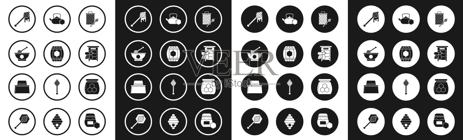 集蜂房与蜂蜜勺贴木图标素材