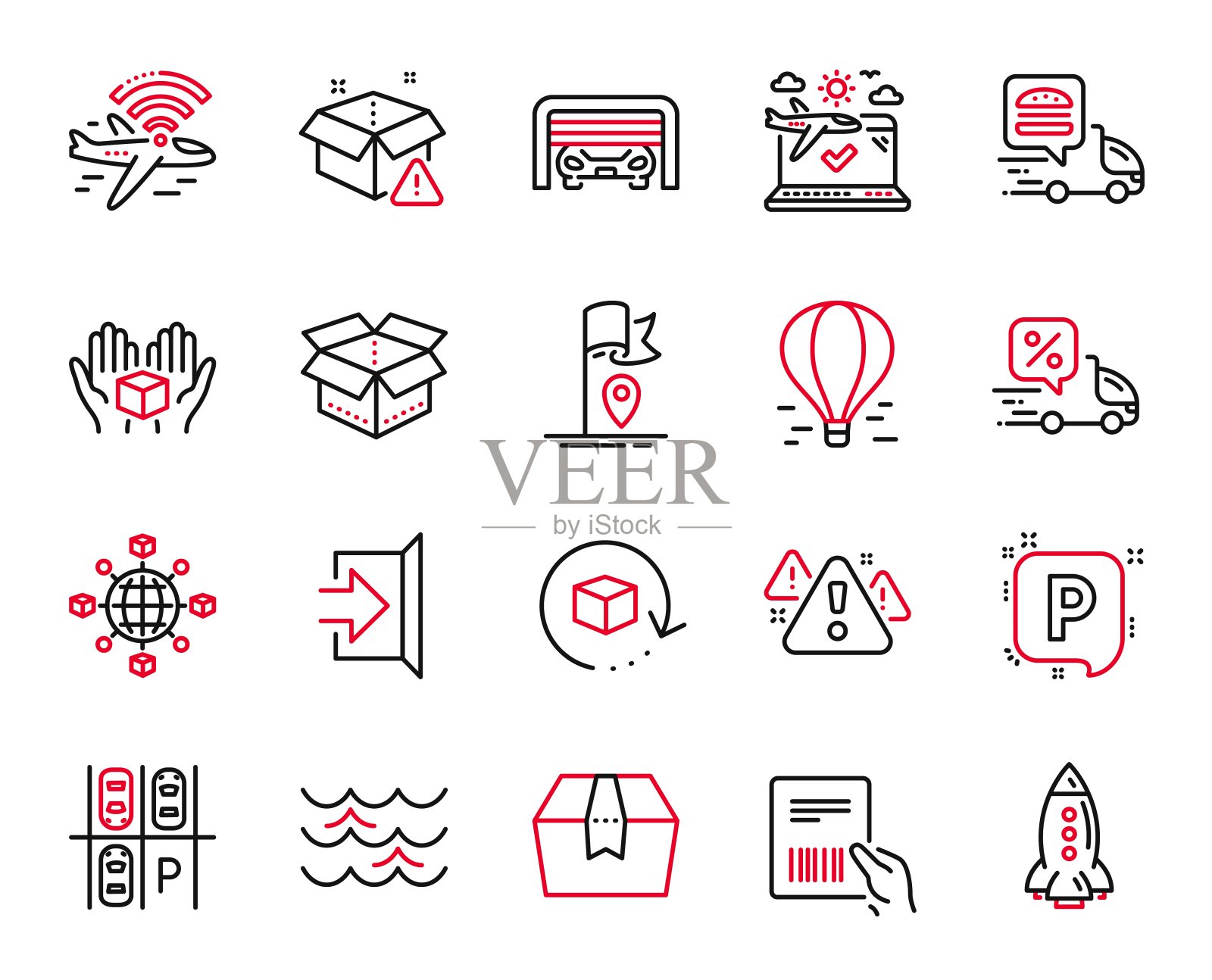 与停车、包裹发票和飞机wifi相关的交通图标向量集。向量图标素材