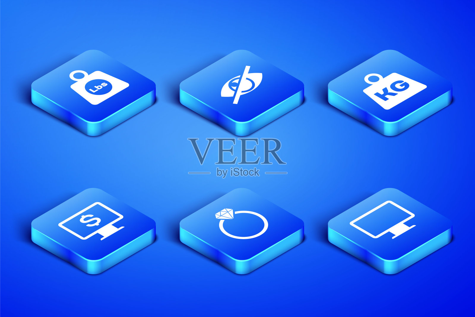 设置电脑显示器屏幕，体重磅，钻石订婚戒指，显示器与美元，隐形隐藏和图标。向量图标素材