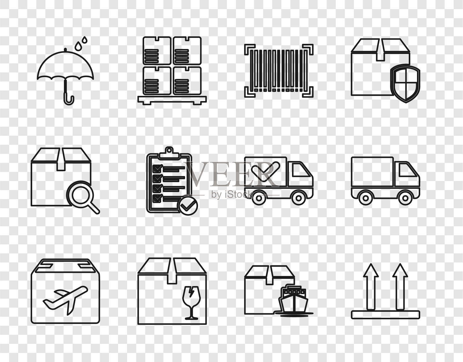 设置线平面和纸箱，此面朝上，条码，易碎物品配送，雨伞雨点配送，验货单，货轮箱和货车图标。向量图标素材