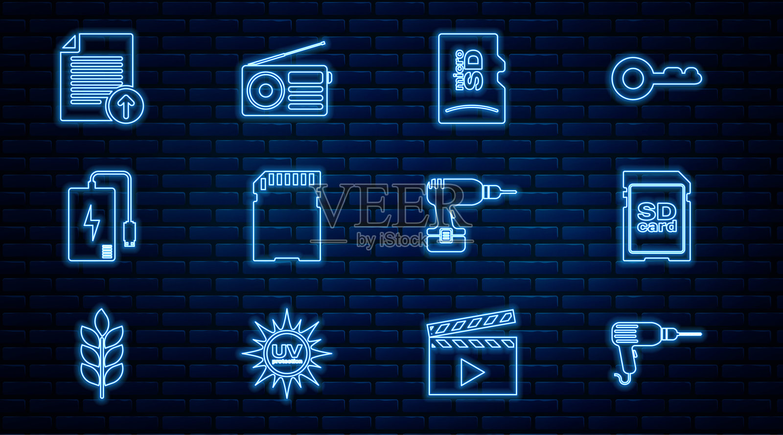 设置线钻、SD卡、微存储器、电源库、上传文件、无线图标。向量图标素材