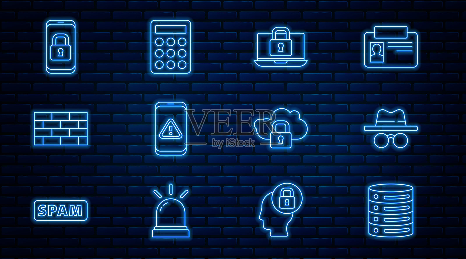 设置线路服务器、数据、虚拟主机、隐身模式、笔记本电脑和锁、带感叹号的移动设备、防火墙、安全墙、关闭挂锁、云计算和密码保护图标。向量图标素材