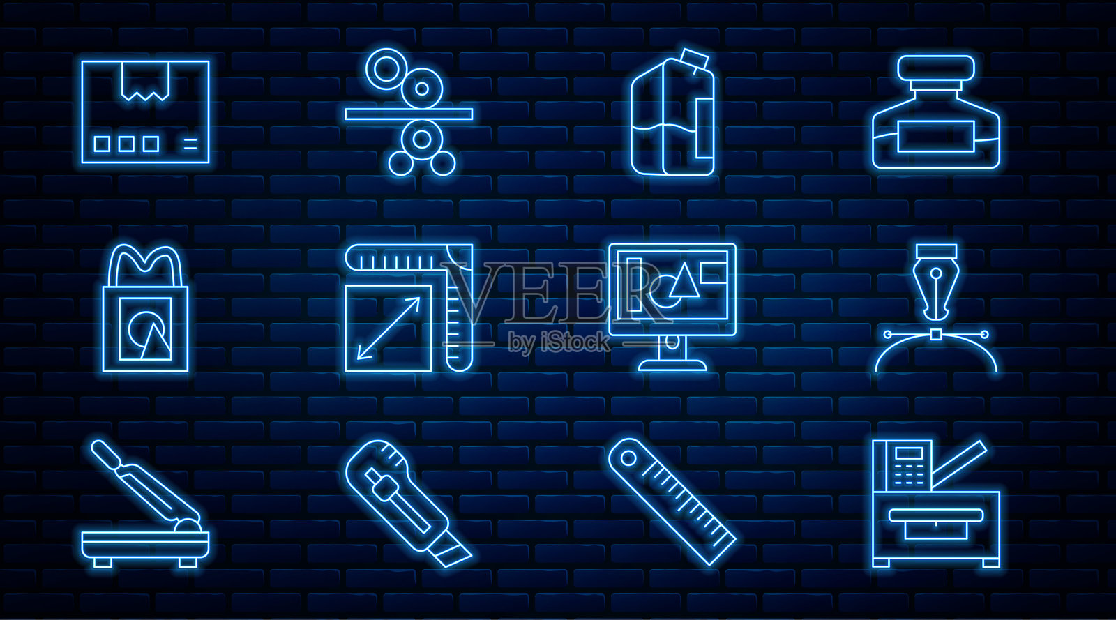 本机设有复印机、钢笔笔尖、打印机墨水瓶、纸张大小、购物袋、纸箱纸盒、电脑显示器屏幕和滚轴印刷机图标。向量图标素材