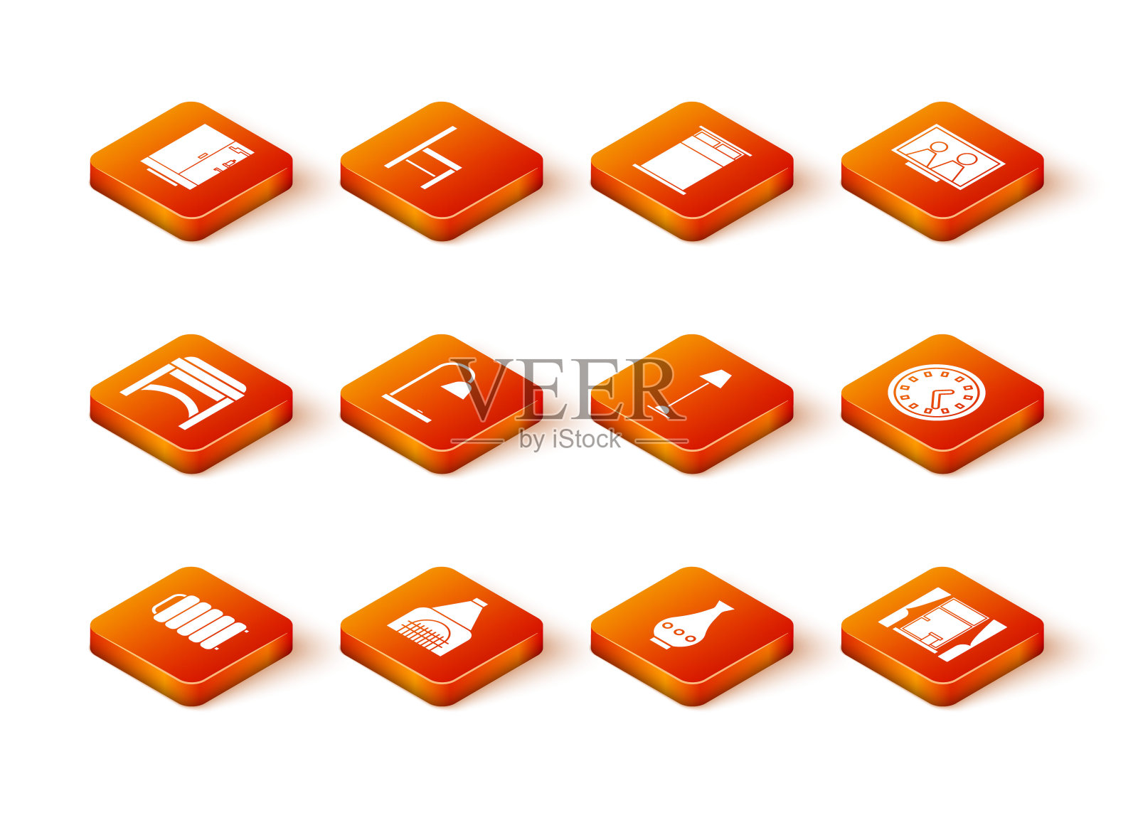 设置暖气散热器，室内壁炉，椅子，台灯，花瓶，地板，窗帘和时钟图标的窗户。向量图标素材