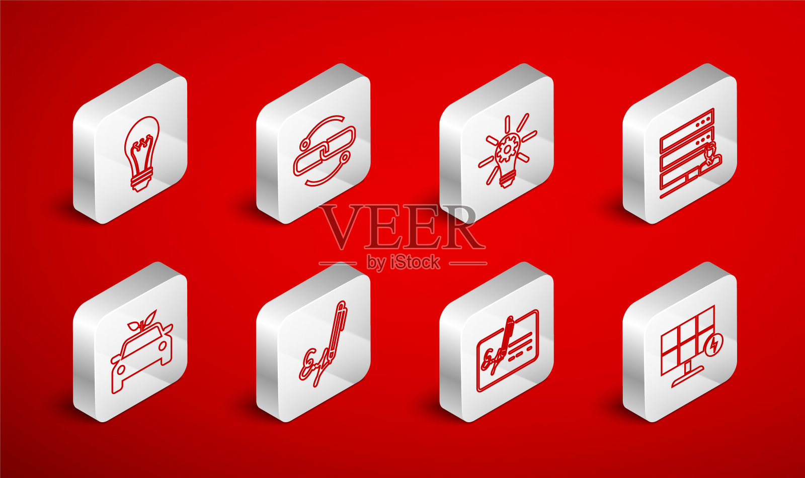 设置线太阳能电池板，链条线，灯泡齿轮，客户服务，签名文件，签名和生态概念驱动图标。向量图标素材