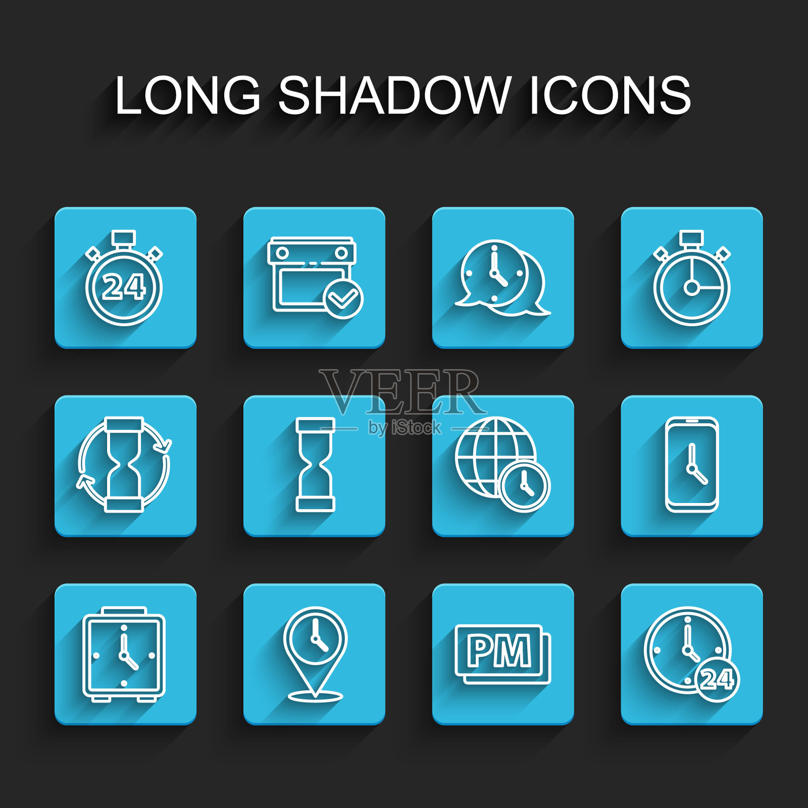 设置行闹钟，位置与，秒表24小时，时钟下午，旧沙漏，应用程序移动和世界时间图标。向量图标素材