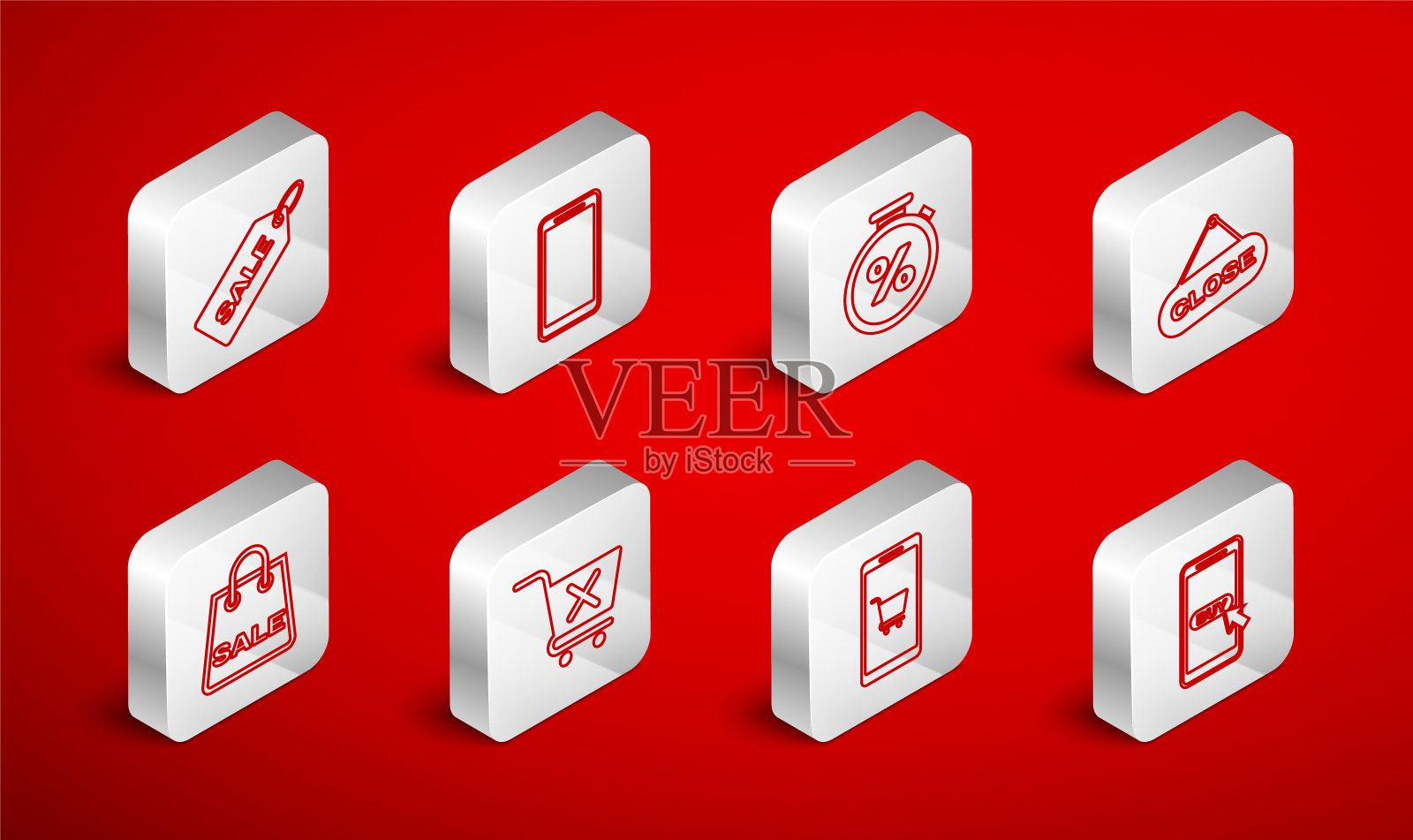 设置线移动和购物车，智能手机，手机，秒表百分比，挂标志接近，价格标签销售，移除和购物袋图标。向量图标素材