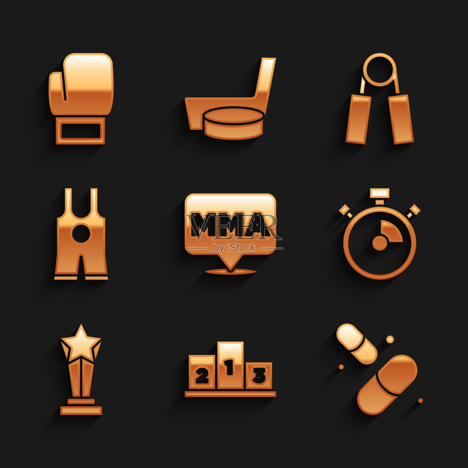 设置搏击俱乐部综合格斗，在运动冠军领奖台，维生素药丸，秒表，杯子，摔跤背心，运动扩展器和拳击手套图标。向量图标素材