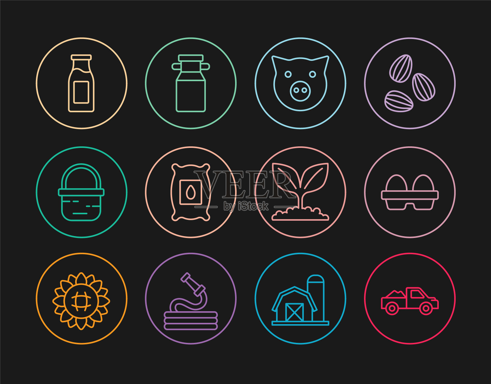 设置线皮卡，鸡蛋盒，猪，装满植物种子，篮子，牛奶瓶，植物和罐子容器图标。向量图标素材