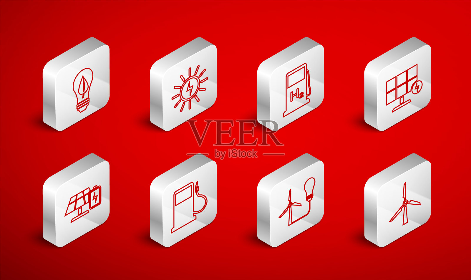 设置线风力涡轮机，太阳能电池板，氢气加气站，灯泡风，叶片，汽油或天然气和电池图标。向量图标素材