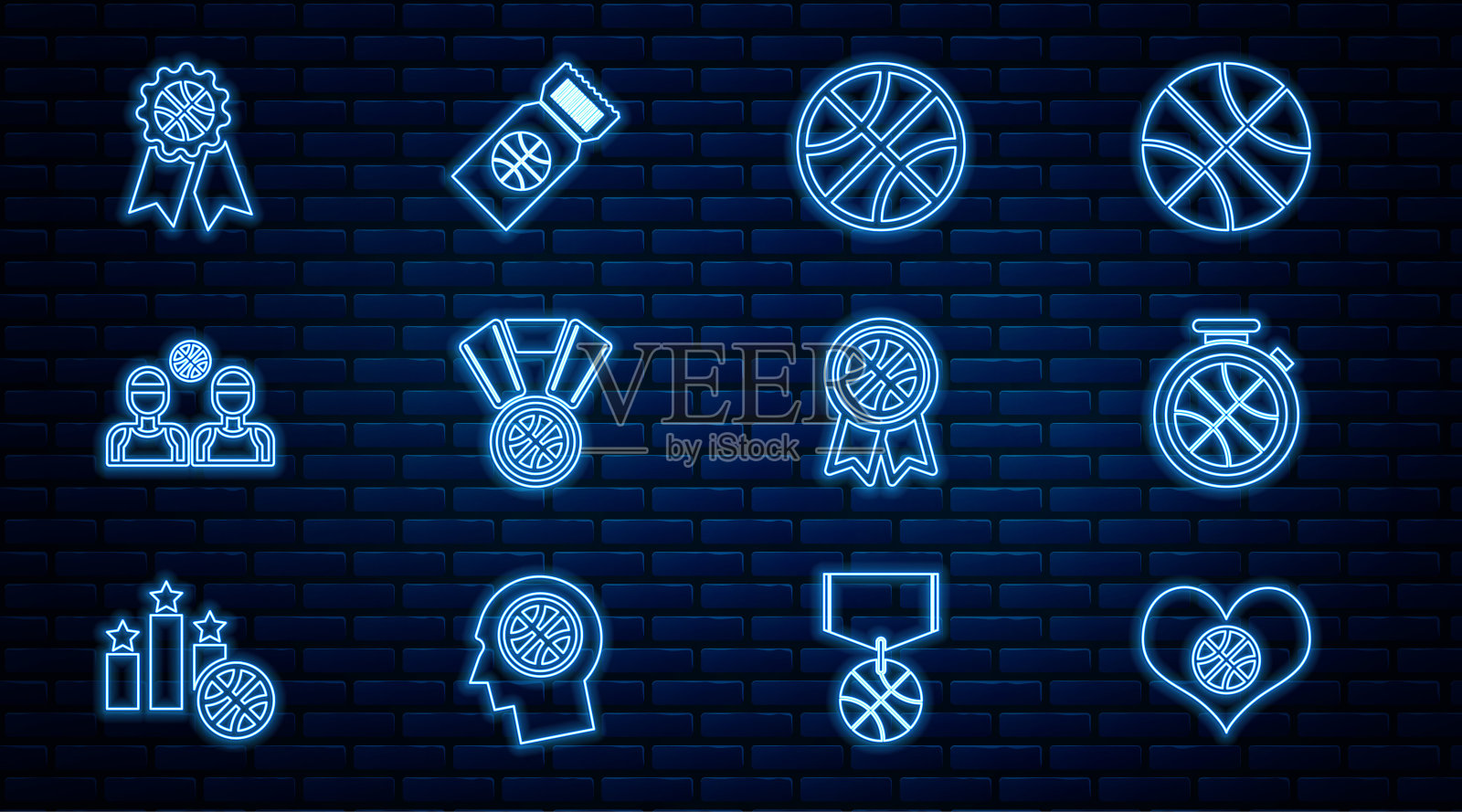 设置线心与篮球，秒表，篮球，奖牌，球员，奖项，和比赛门票图标。向量插画图片素材