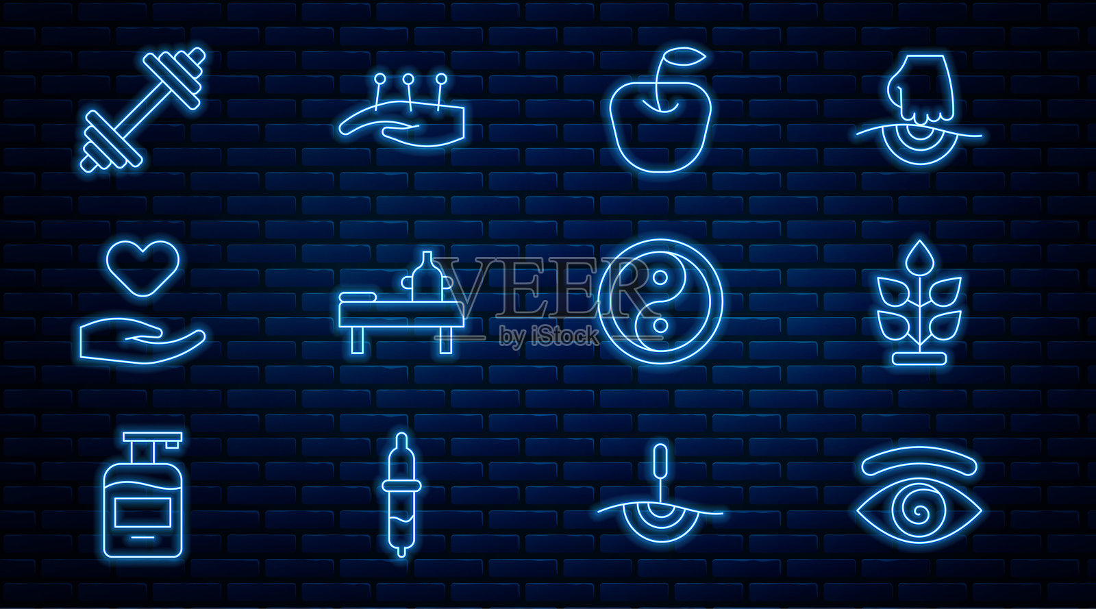 设置线催眠，植物，苹果，油按摩台，手心，哑铃，阴阳和针灸治疗图标。向量插画图片素材